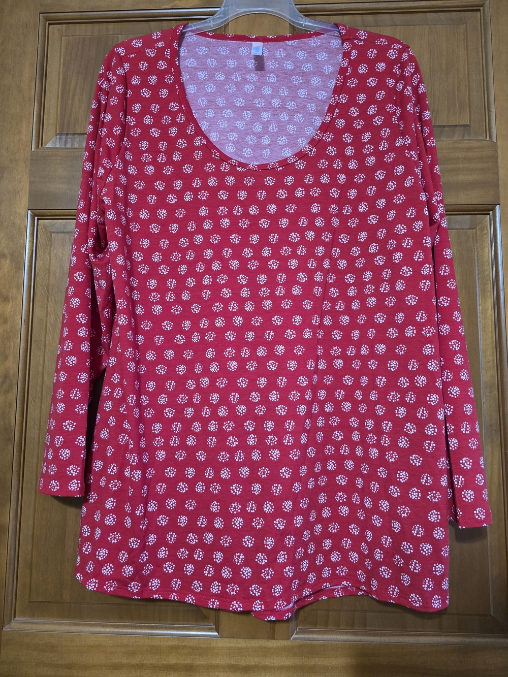 LuLaRoe Red Scoop Neck Long-Sleeve Top with White Dot Floral Print